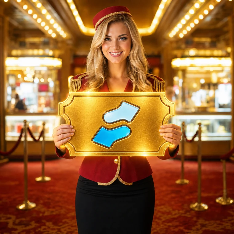A cinema usherette in the lobby, edited so she is holding the golden ticket