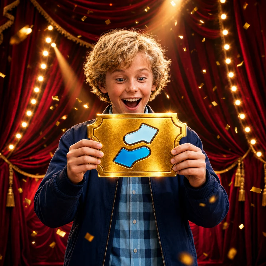 A boy holding up a golden movie ticket stamped with the Solana mark in front of a red theatre curtain