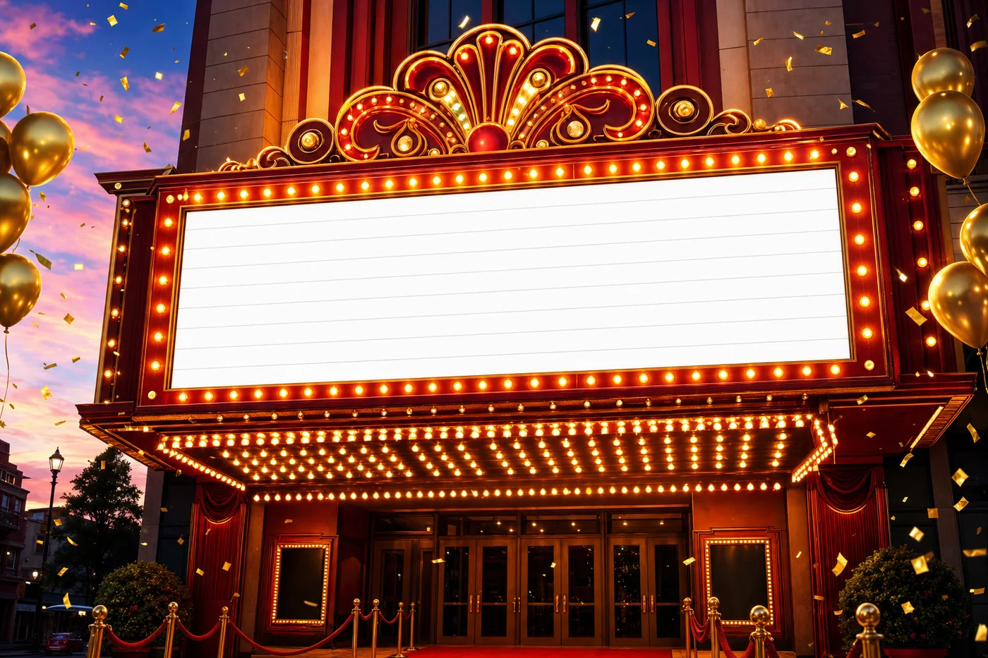 A red and gold cinema marquee at dusk