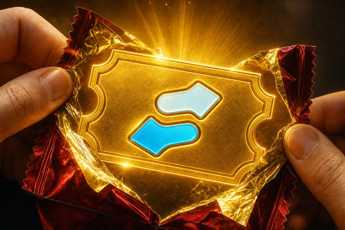 Hands tearing open a red foil wrapper to reveal a glowing golden ticket